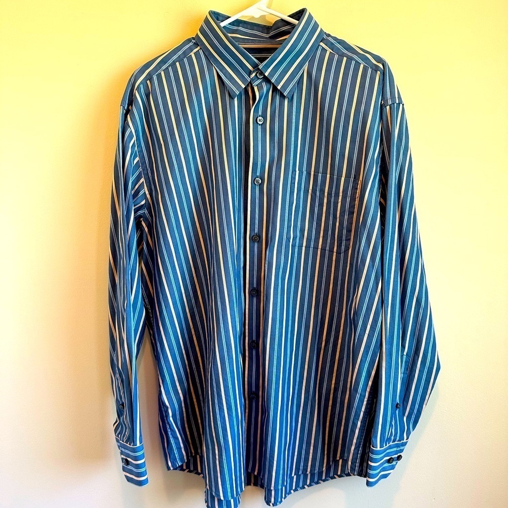 Kenneth Roberts Platinum Button Up Long-sleeve Men's XL Blue Tan Stripe Shirt
